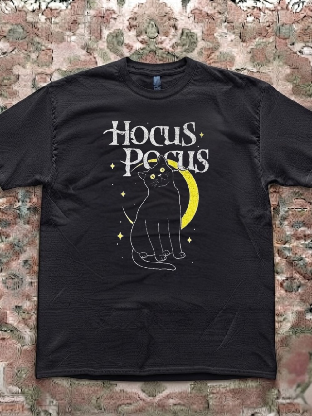 Hocus Pocus Black Cat Crescent Moon Stars Magic Vintage Black T-Shirt